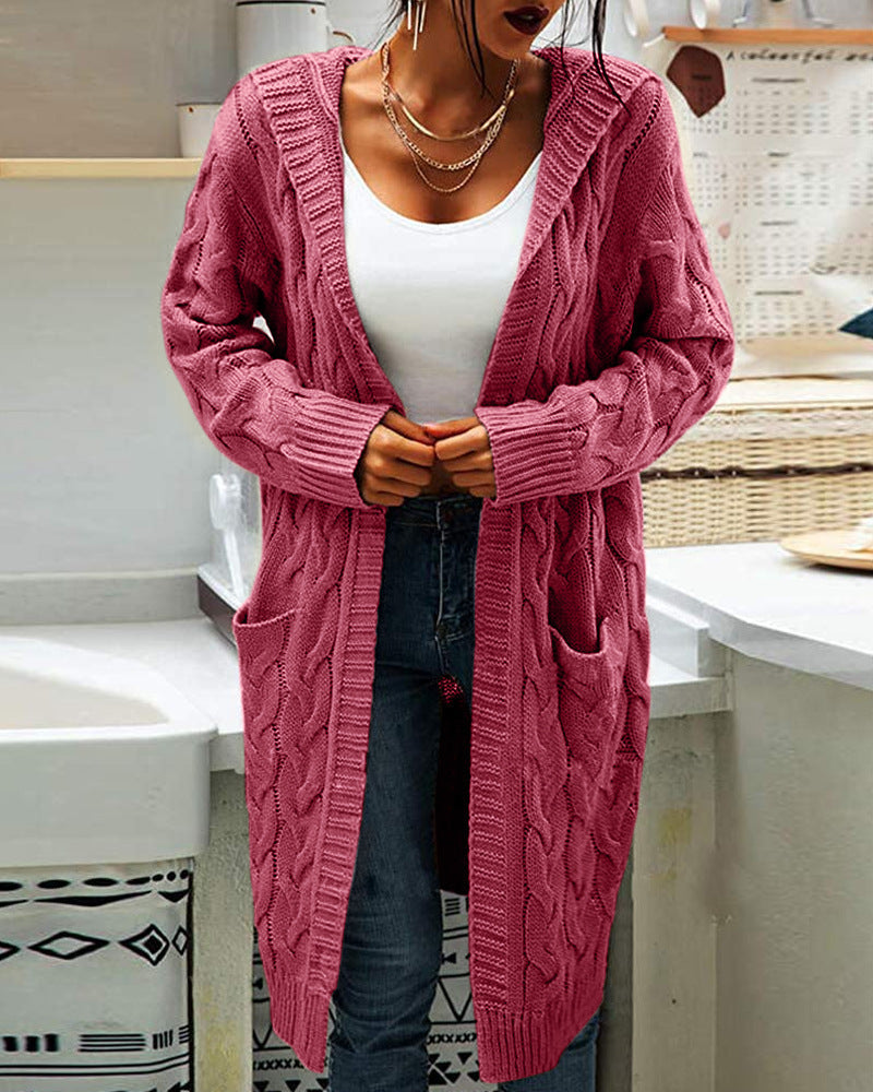 Women's long textured knit cardigan with open front, long sleeves and front pockets