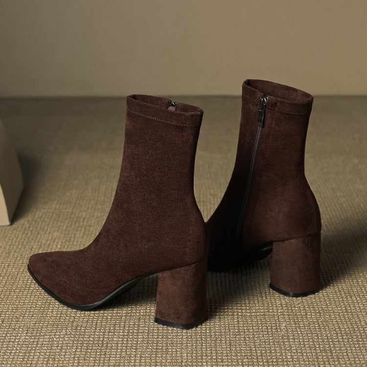 Women's pointed-toe ankle boots with block heels and side zips