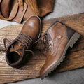 Men's lace-up ankle boots with round toes, contrast panels and lug soles