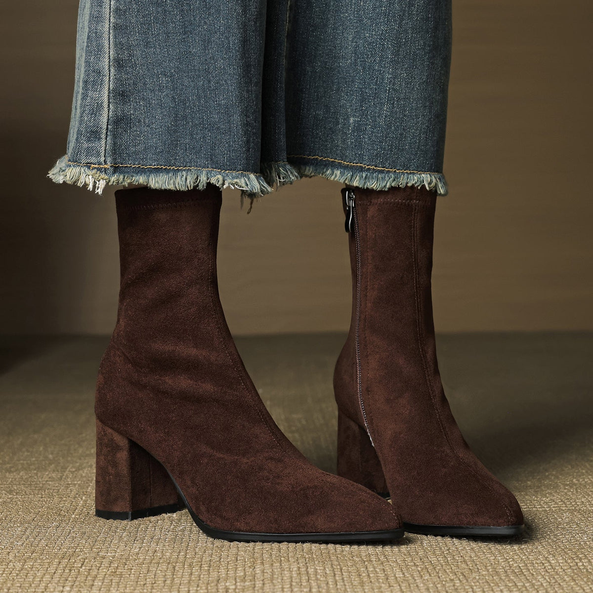 Women's pointed-toe ankle boots with block heels and side zips