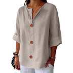 Women's plain V-neck shirt with front buttons and three-quarter sleeves