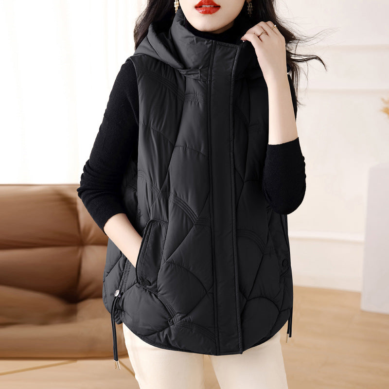 Women's quilted padded gilet with hood, zip front and patch pockets