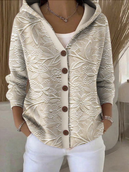 Women's hooded button cardigan shown in multicoloured patchwork and bee motif designs