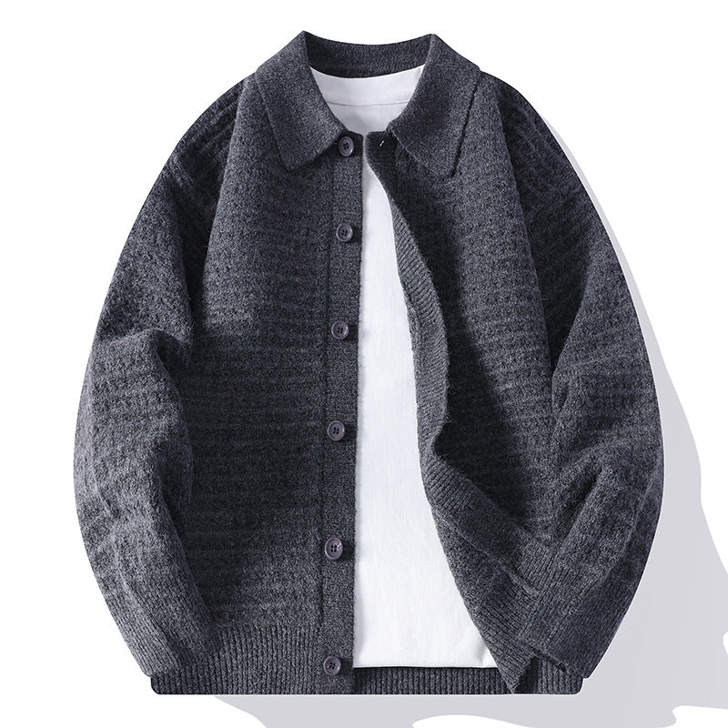Textured waffle knit cardigan with shirt collar, long sleeves and button front