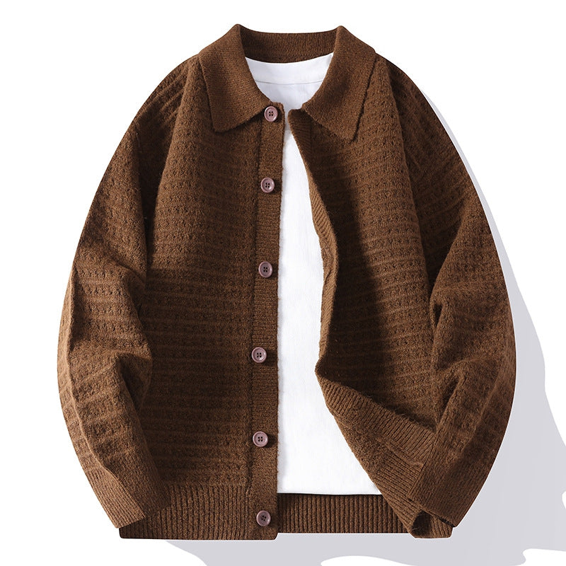 Textured waffle knit cardigan with shirt collar, long sleeves and button front
