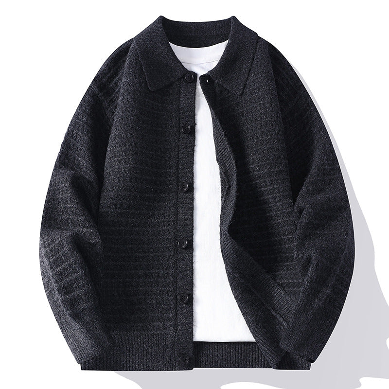 Textured waffle knit cardigan with shirt collar, long sleeves and button front
