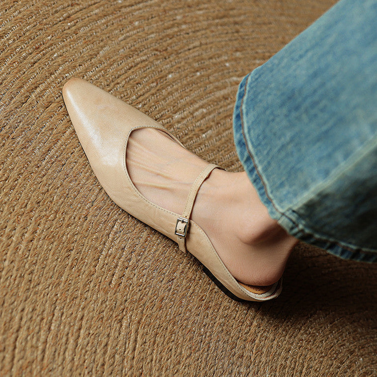 Women's pointed ballet flats with buckle straps and low heels