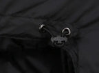 Black hooded cropped puffer jacket with zip front and snap pockets