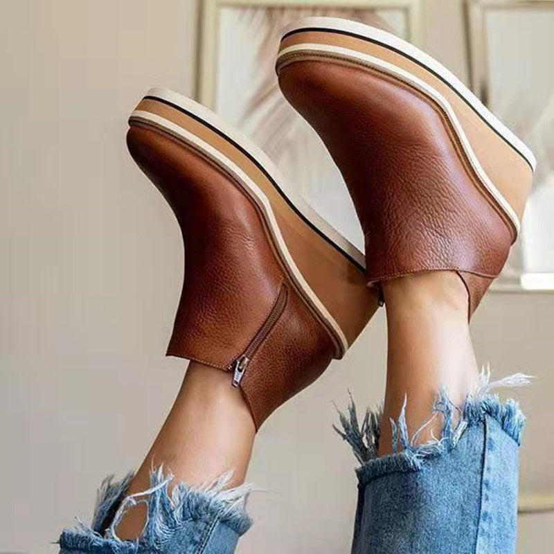 Women's platform wedge ankle boots with round toes and side zips