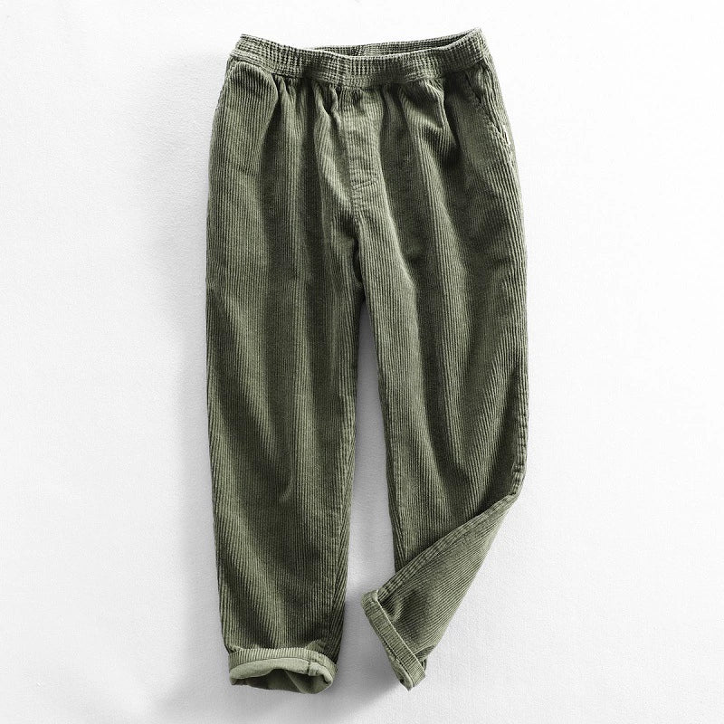 Men's ribbed corduroy trousers with elasticated waist and turned-up cuffs