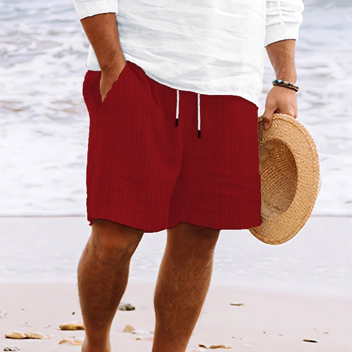 Men's striped drawstring beach shorts with side pockets