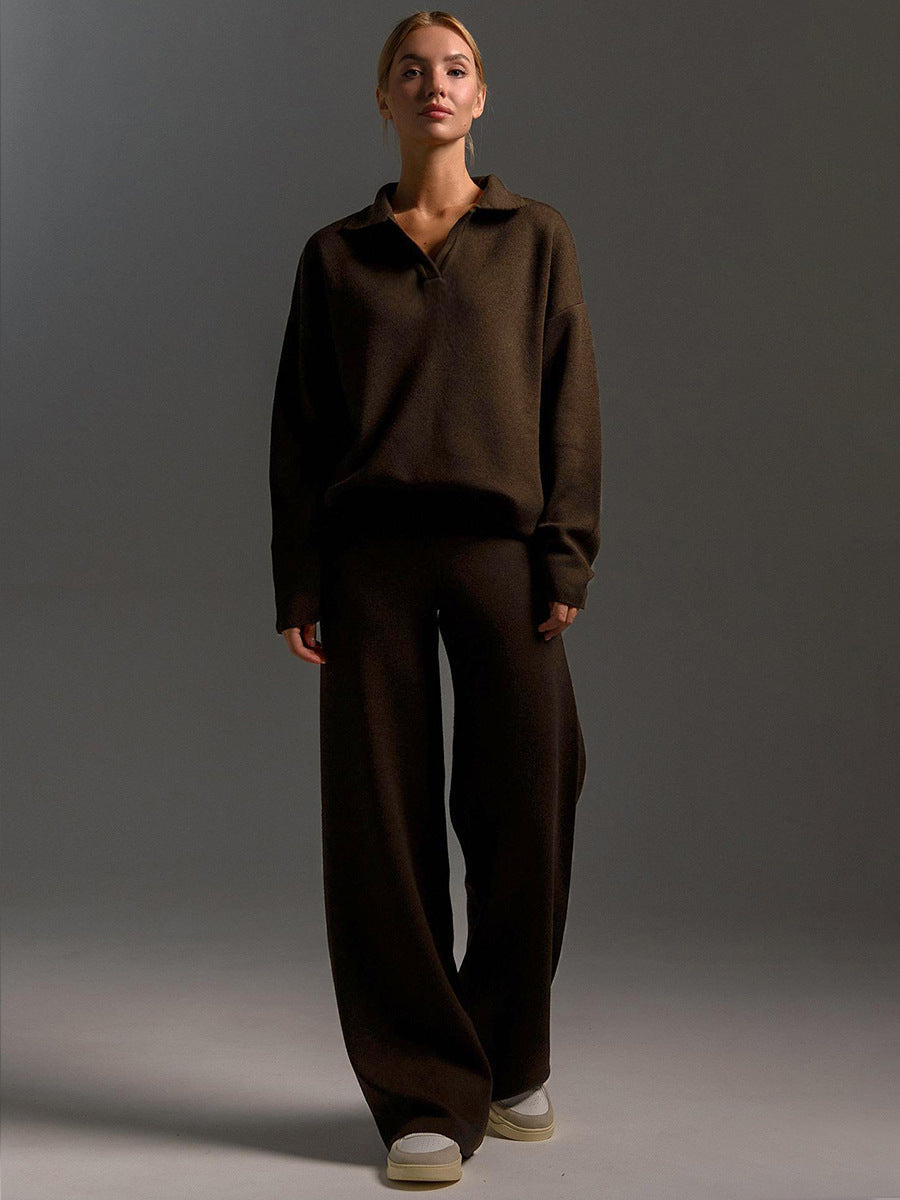 Women's polo-collar lounge set with long sleeves and wide-leg trousers