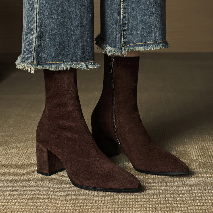 Women's pointed-toe ankle boots with block heels and side zips