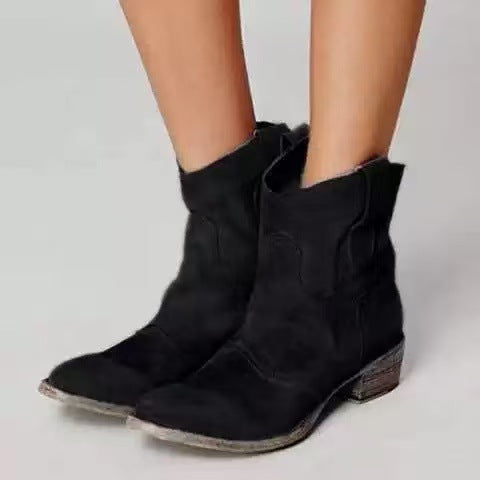 Women's ankle boots with pull tabs, stitched panels and block heels