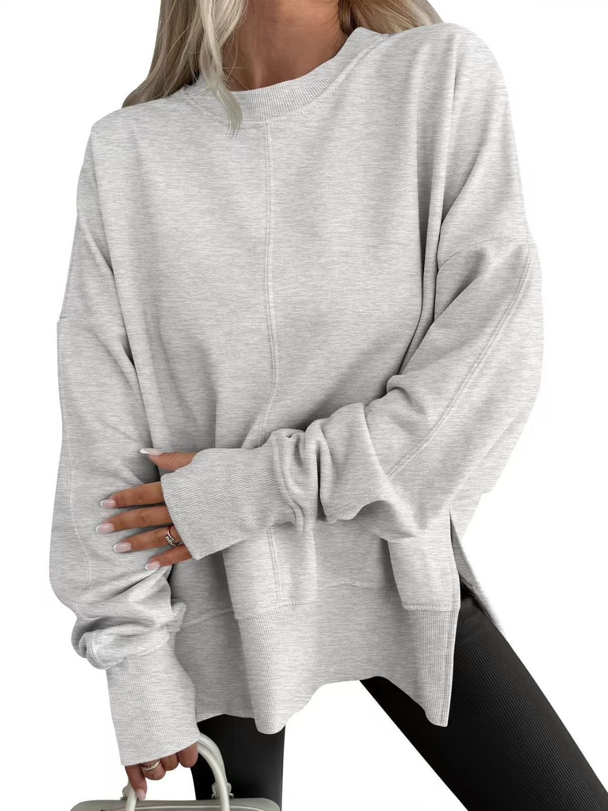 Women's oversized plain sweatshirt with crew neck, drop shoulders and long sleeves