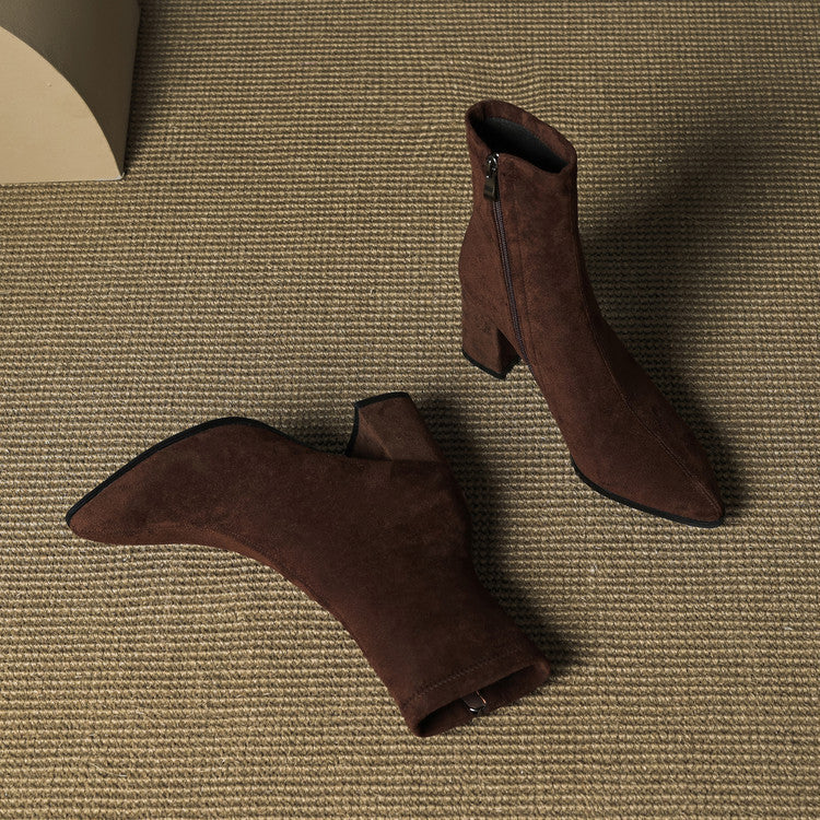 Women's pointed-toe ankle boots with block heels and side zips