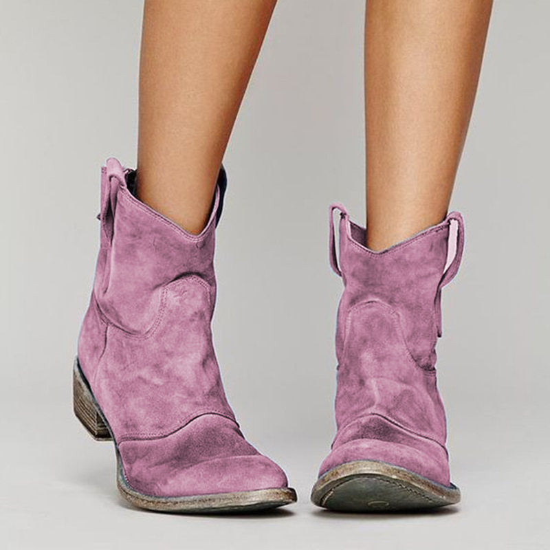 Women's ankle boots with pull tabs, stitched panels and block heels