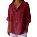 Women's plain V-neck shirt with front buttons and three-quarter sleeves