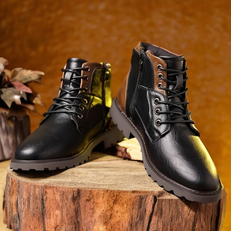 Men's lace-up ankle boots with round toes, contrast panels and lug soles