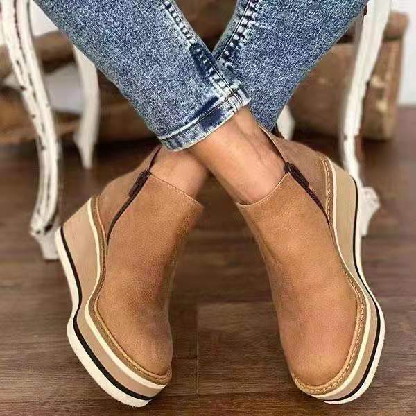 Women's platform wedge ankle boots with round toes and side zips