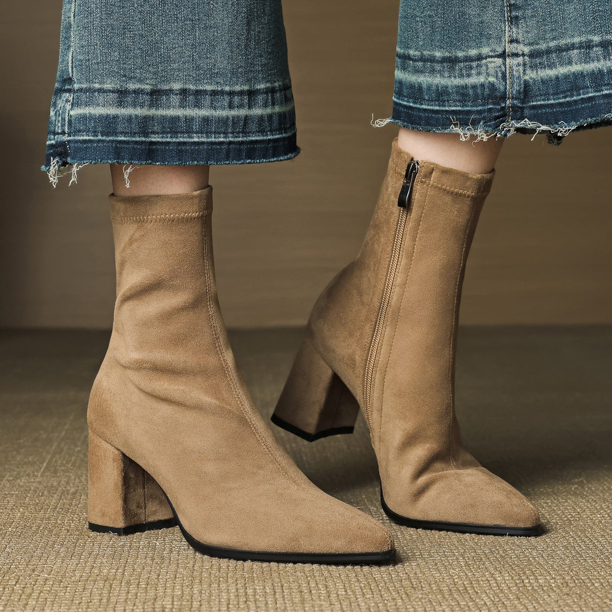 Women's pointed-toe ankle boots with block heels and side zips