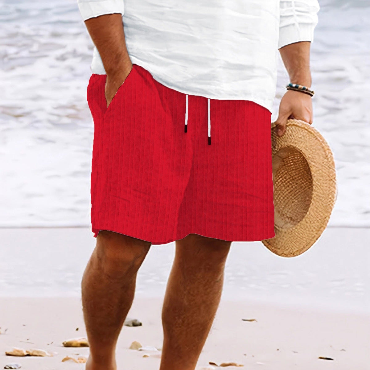 Men's striped drawstring beach shorts with side pockets