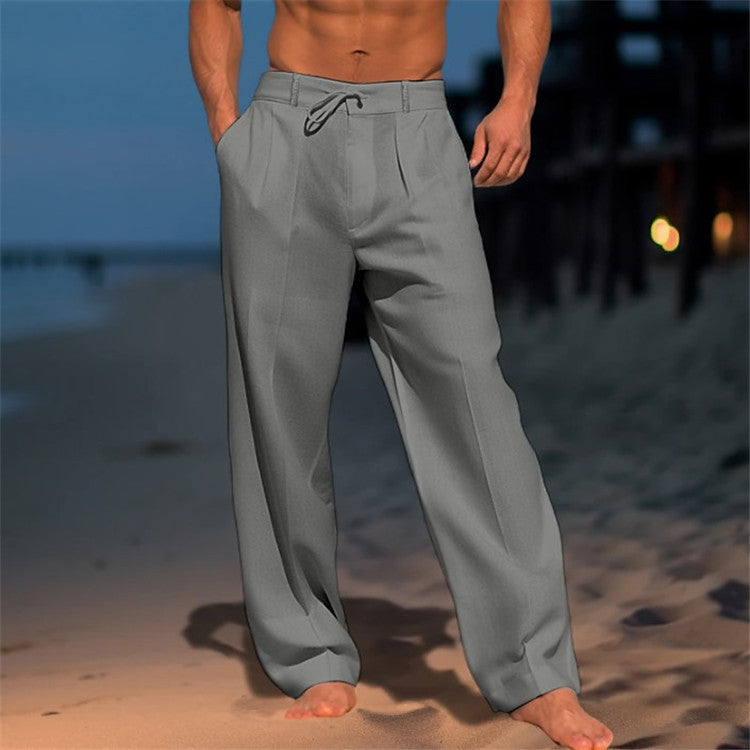 Men's wide plain trousers with drawstring waist and side pockets