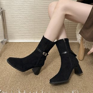 Women's pointed toe ankle boots with buckle straps and block heels