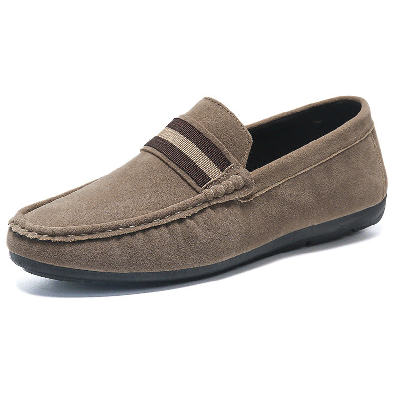 Men's moc toe loafer with striped vamp strap and flat black sole