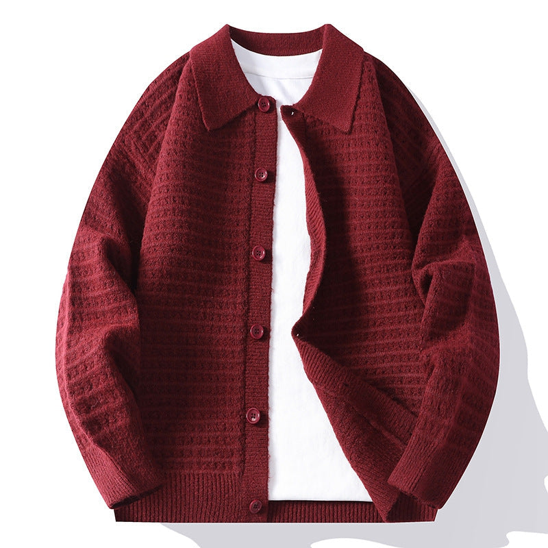 Textured waffle knit cardigan with shirt collar, long sleeves and button front