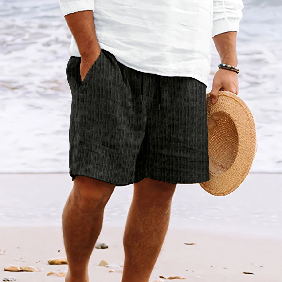 Men's striped drawstring beach shorts with side pockets