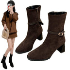 Women's pointed toe ankle boots with buckle straps and block heels