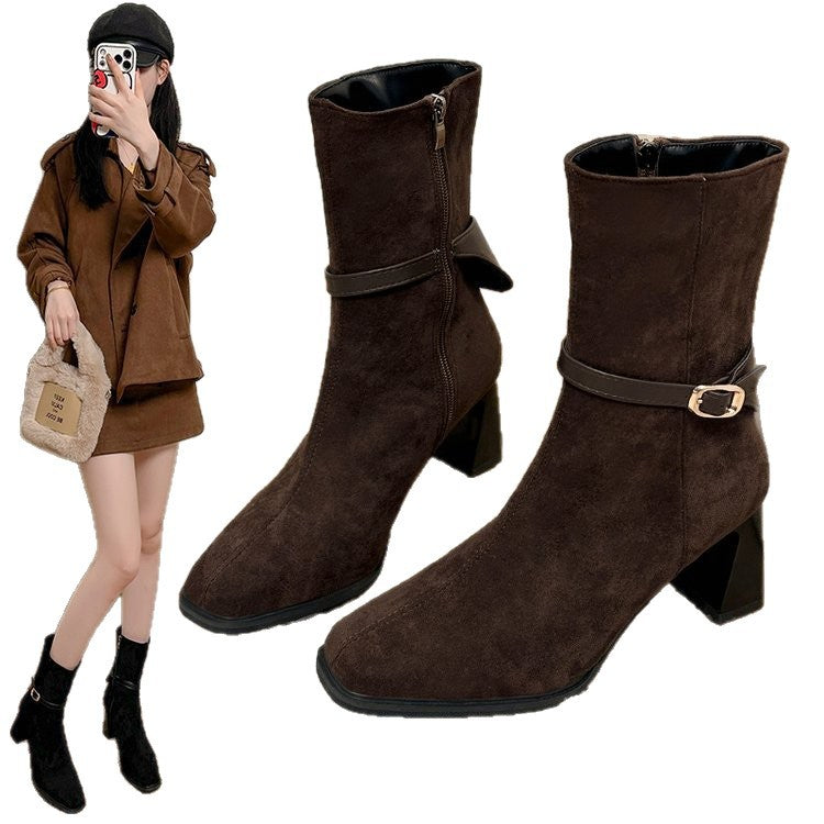 Women's pointed toe ankle boots with buckle straps and block heels
