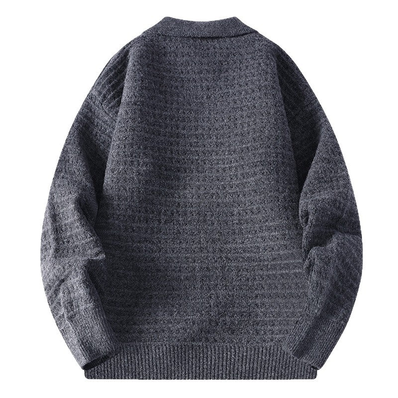 Textured waffle knit cardigan with shirt collar, long sleeves and button front