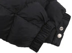 Black hooded cropped puffer jacket with zip front and snap pockets