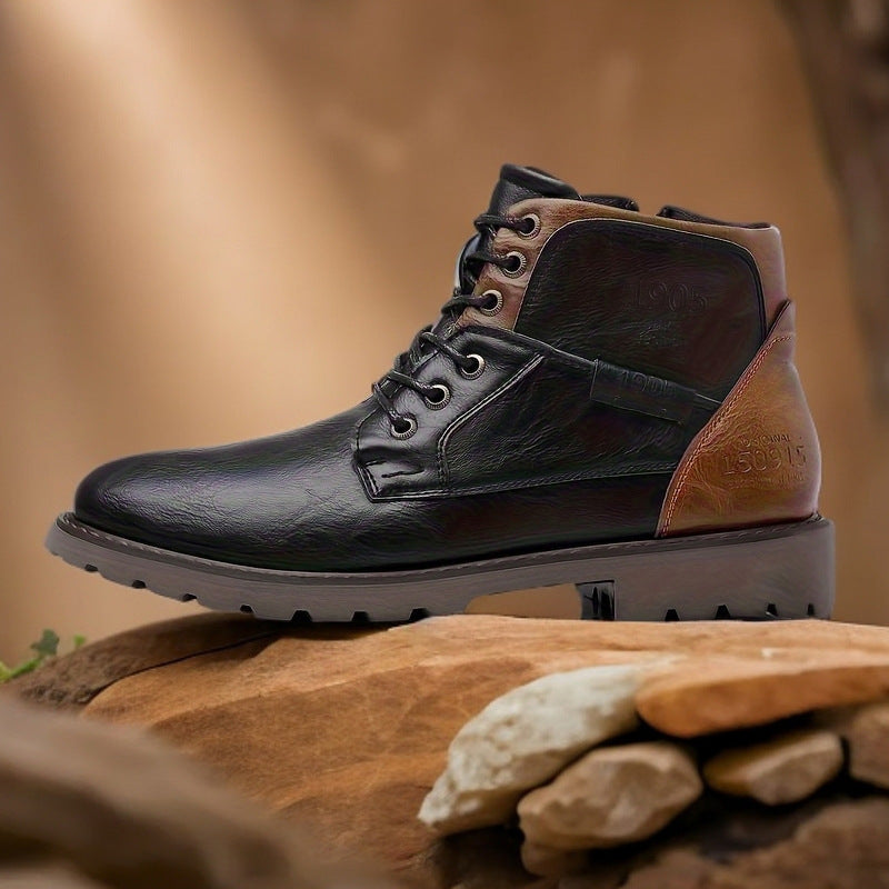 Men's lace-up ankle boots with round toes, contrast panels and lug soles