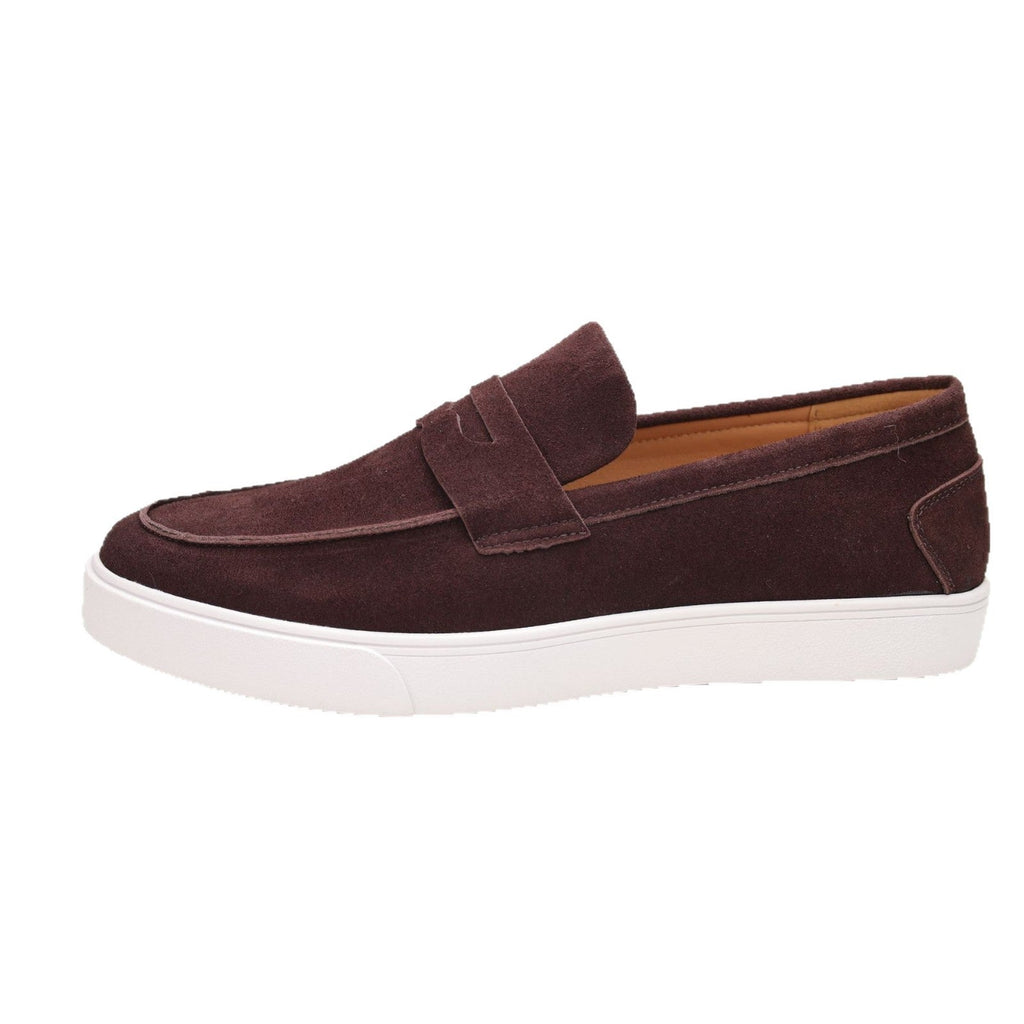 Men's textured penny loafers with rounded toes and white flat soles