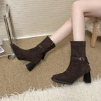 Women's pointed toe ankle boots with buckle straps and block heels