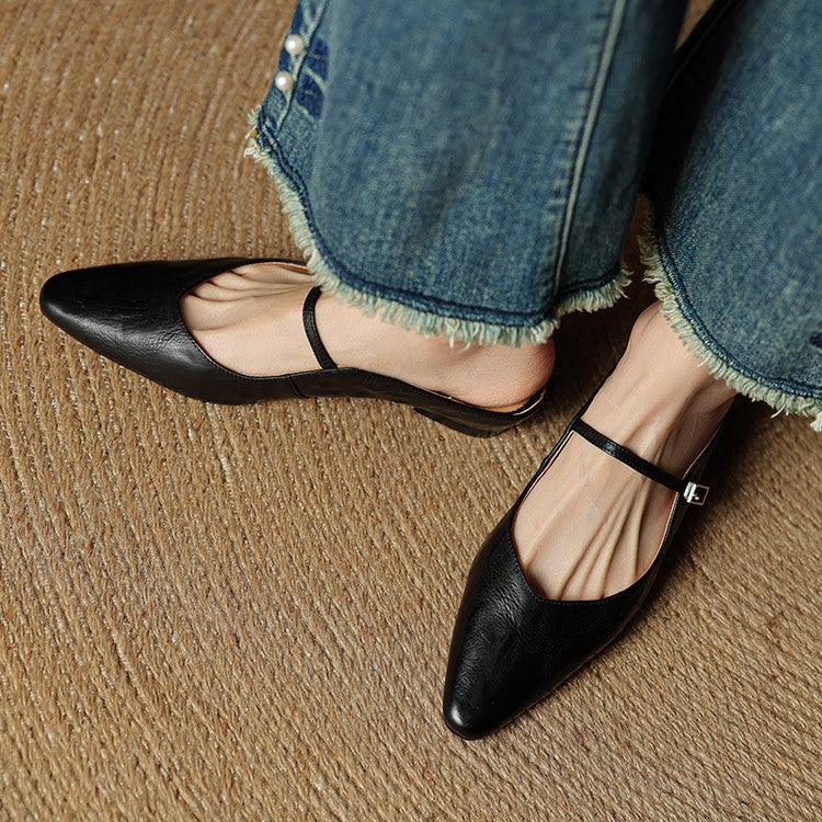 Women's pointed ballet flats with buckle straps and low heels