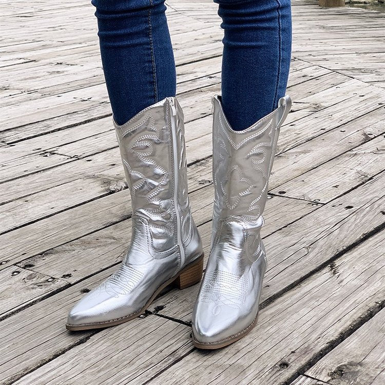 Women's mid-calf cowboy boots with embroidered western detailing and block heels