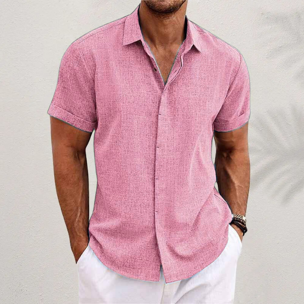 Men's short sleeve textured collared button shirt with curved hem