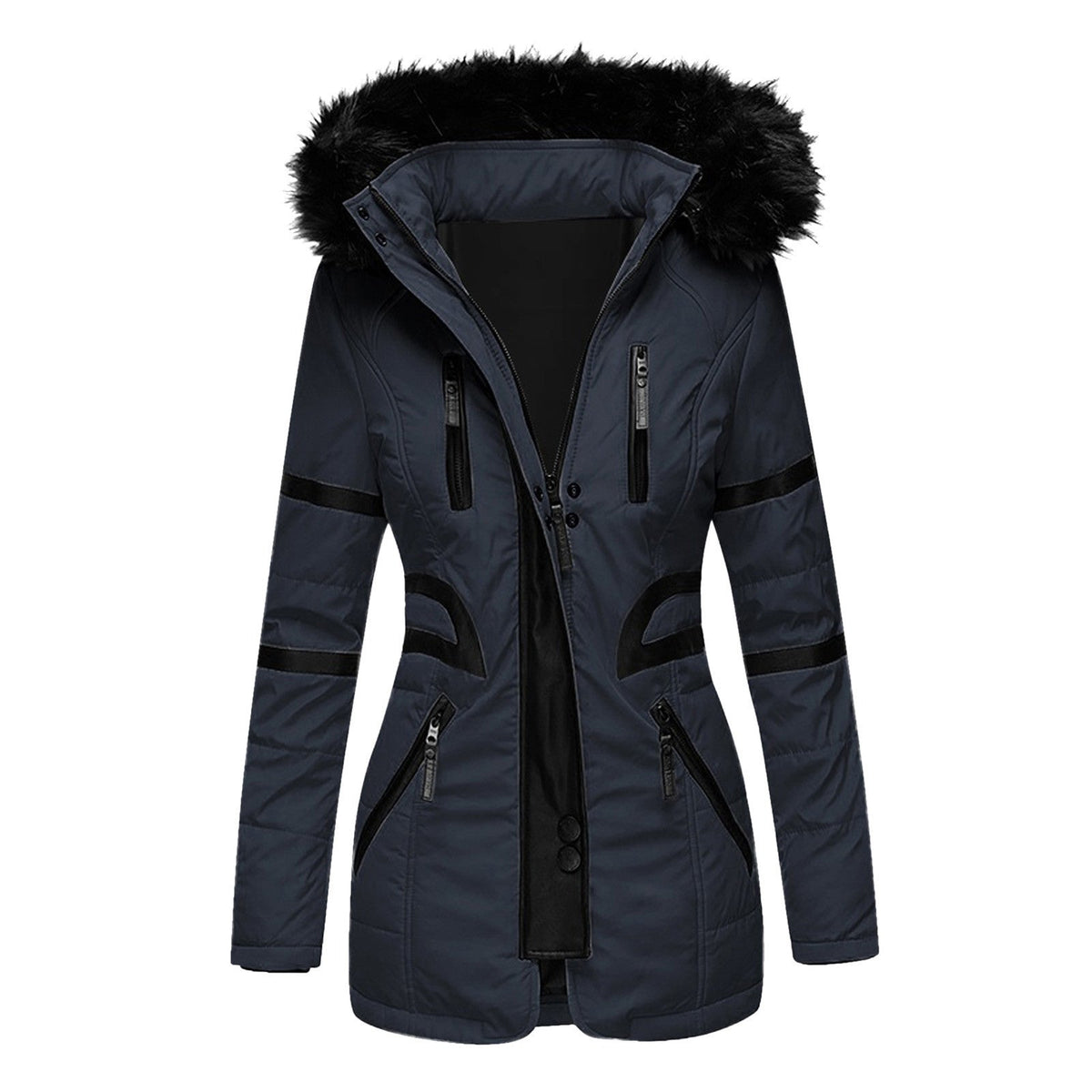 Women's hooded padded winter jacket with fur-trim hood and multiple zipped pockets
