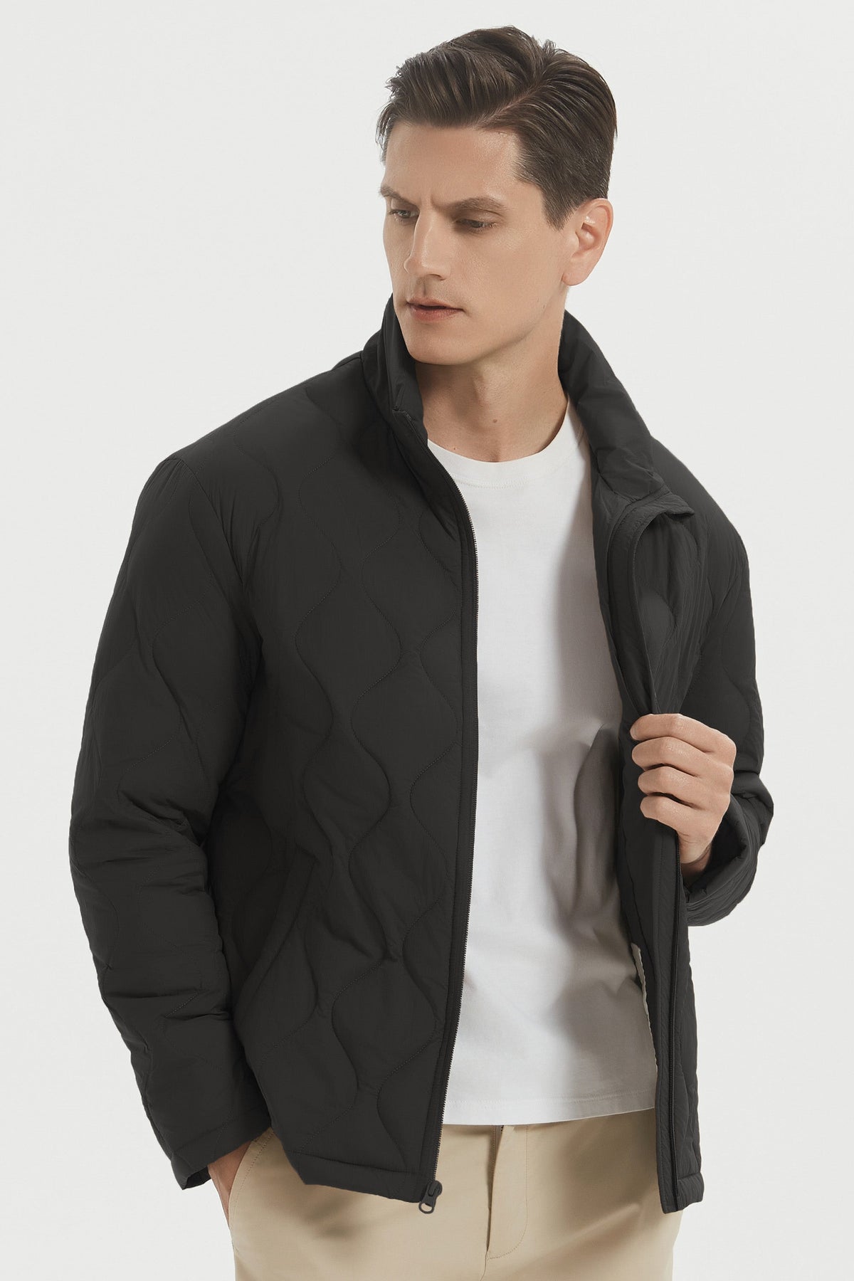 Men's quilted padded bomber jacket with high collar and full zip fastening
