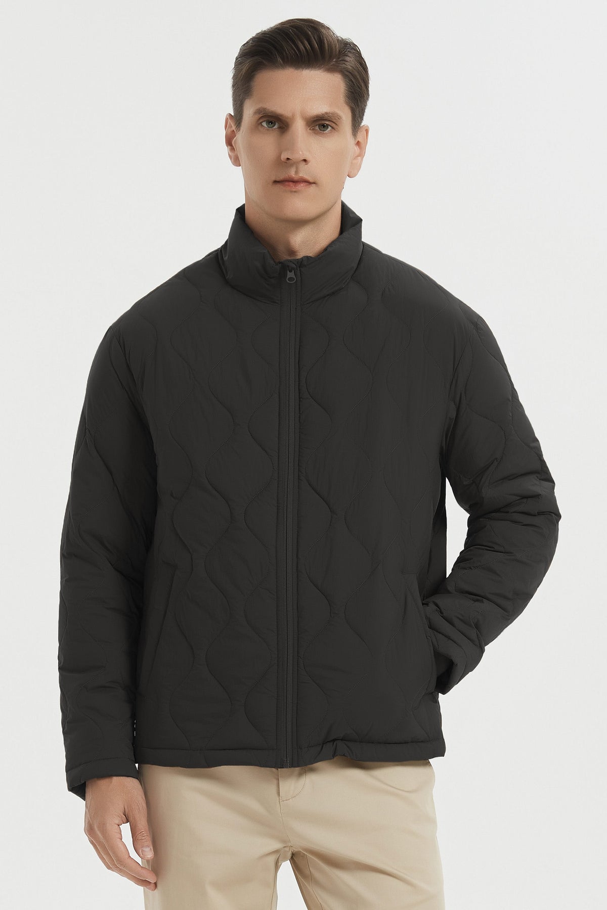 Men's quilted padded bomber jacket with high collar and full zip fastening