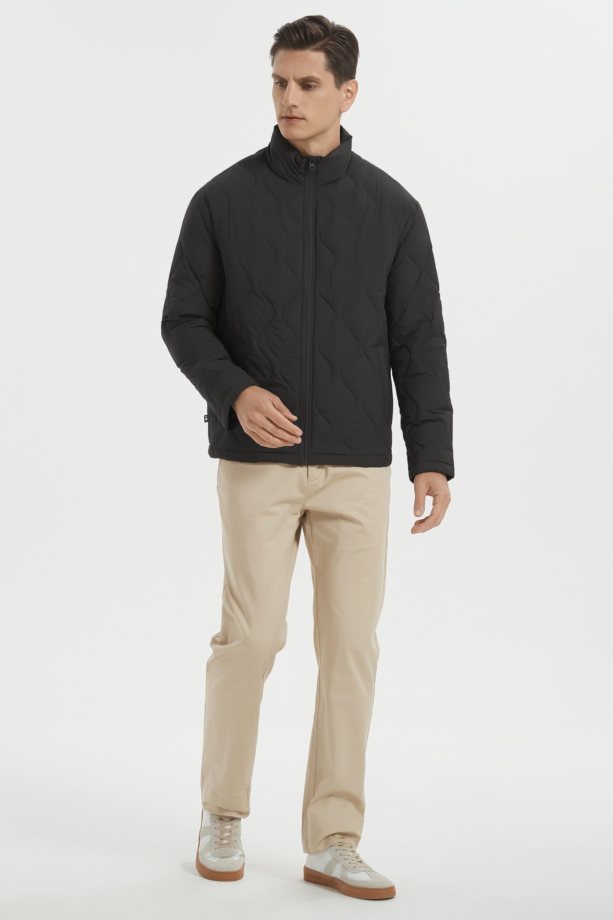 Men's quilted padded bomber jacket with high collar and full zip fastening