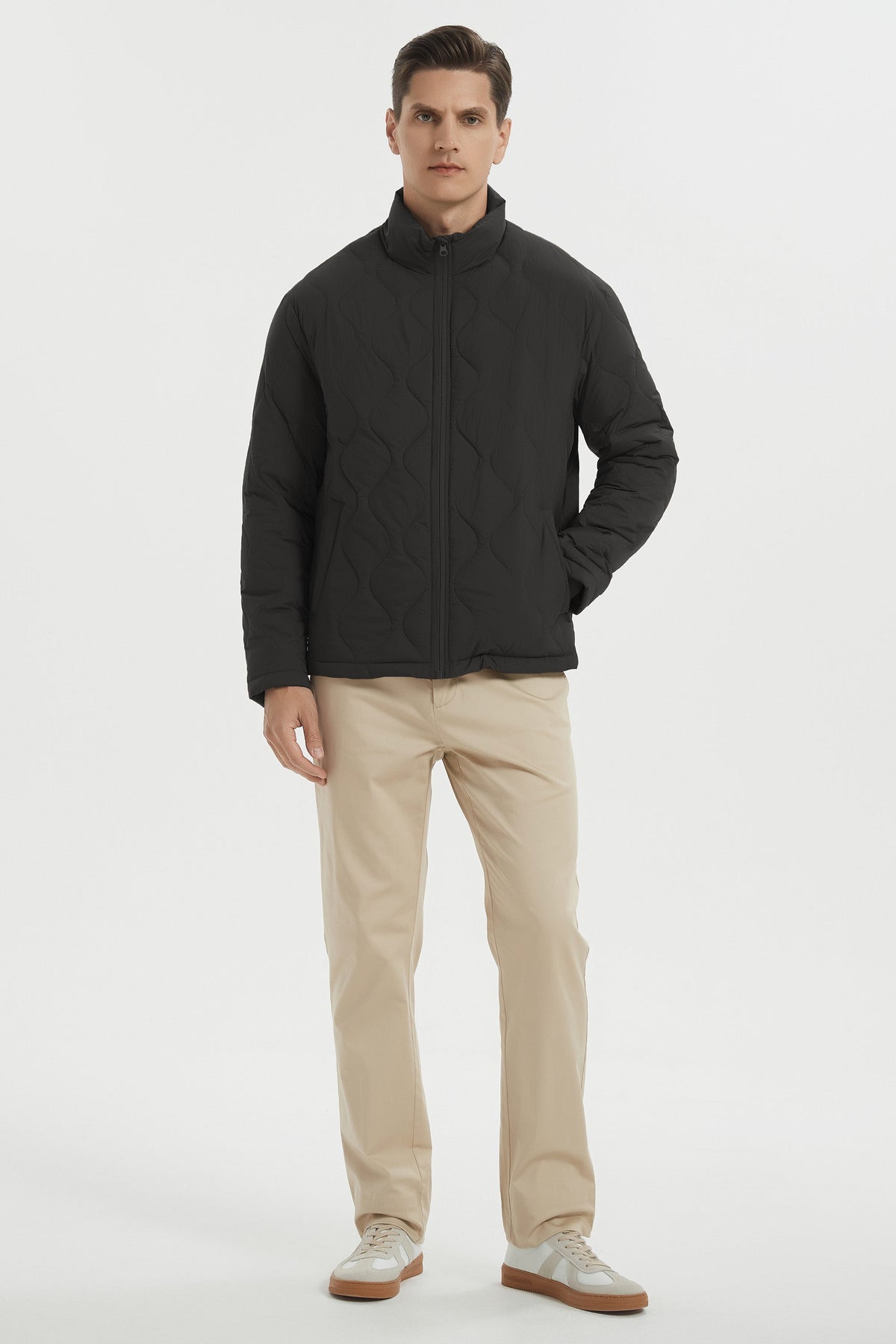Men's quilted padded bomber jacket with high collar and full zip fastening
