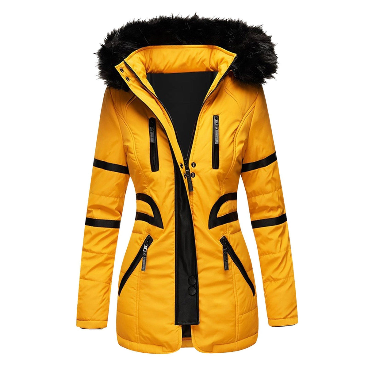 Women's hooded padded winter jacket with fur-trim hood and multiple zipped pockets