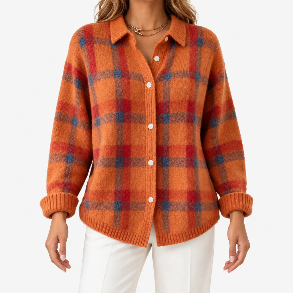 Women's checked knit cardigan with collared neckline and button front