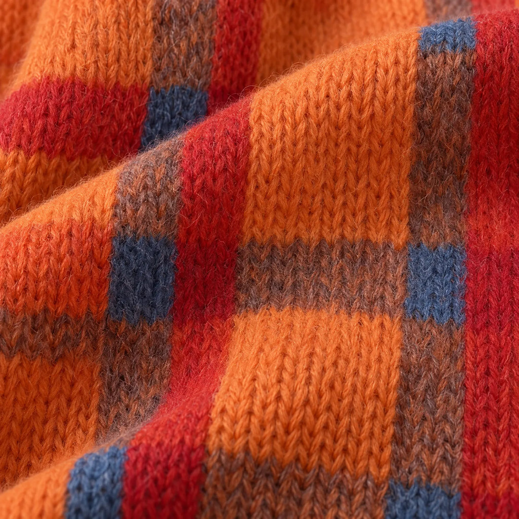Women's checked knit cardigan with collared neckline and button front