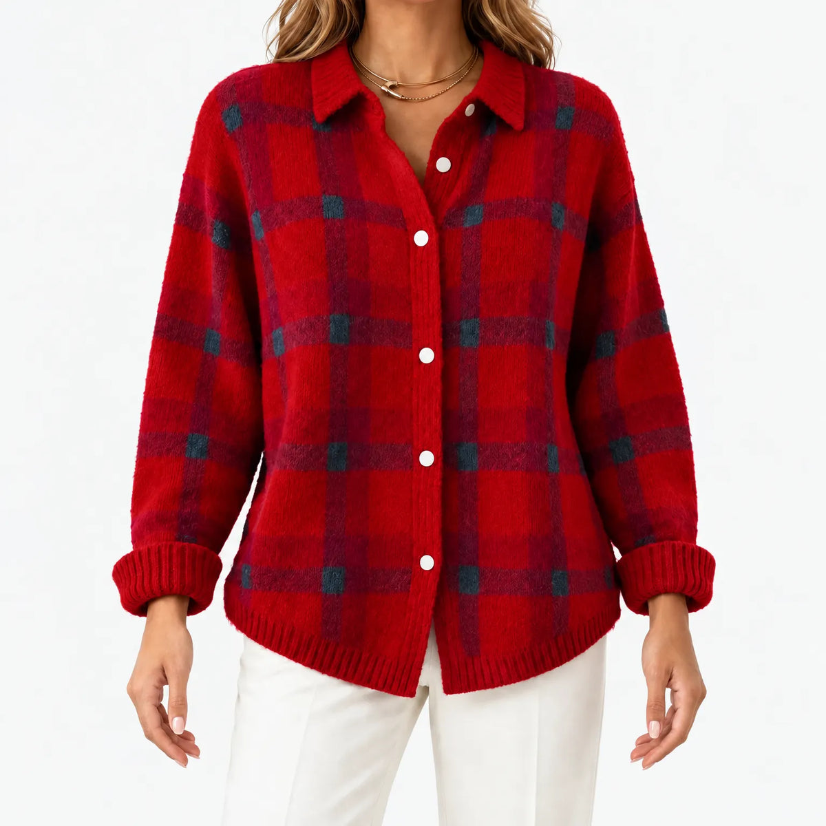 Women's checked knit cardigan with collared neckline and button front